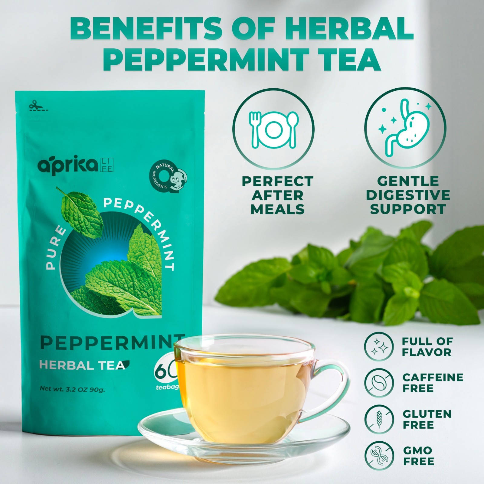 Pure Peppermint Tea – no stems, 100% Natural Herbal Tea, 60 bags, USA seller!