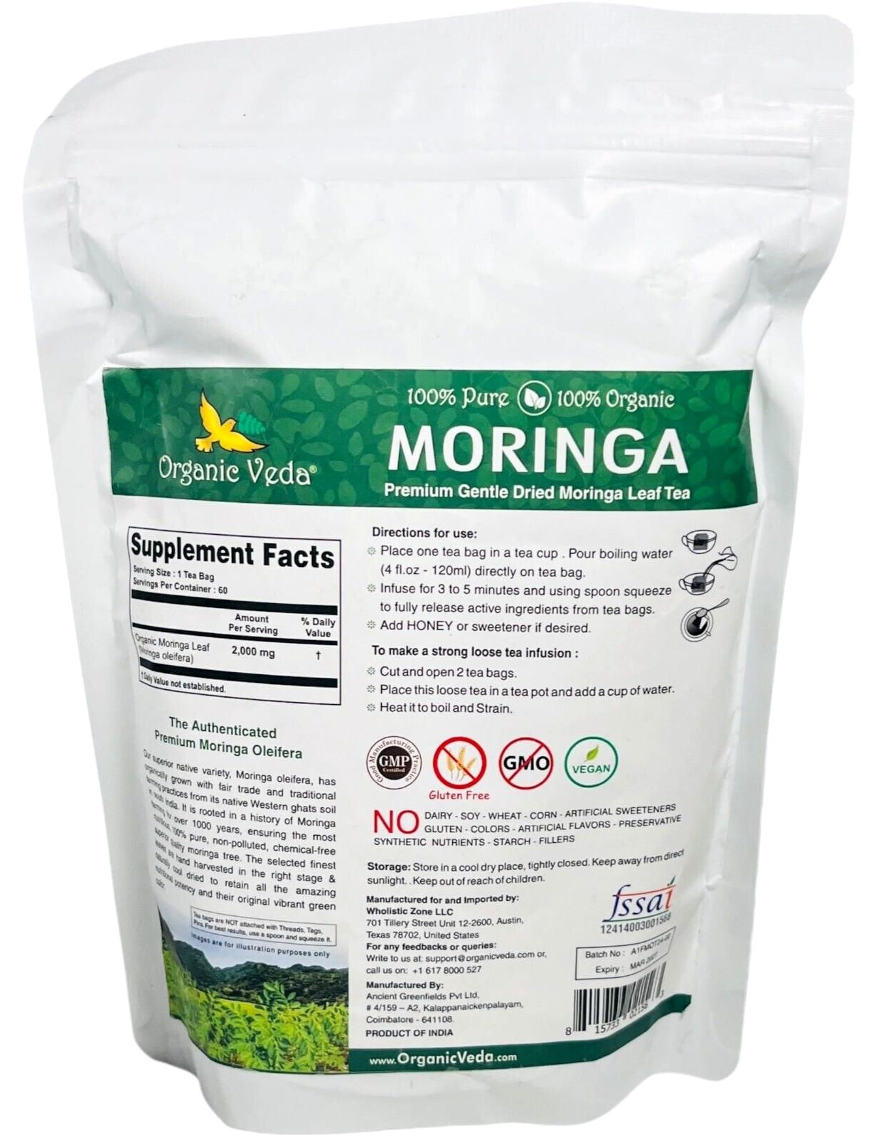 Organic Veda Moringa 60 Tea Bags – Herbal Supplement – EX 03/27