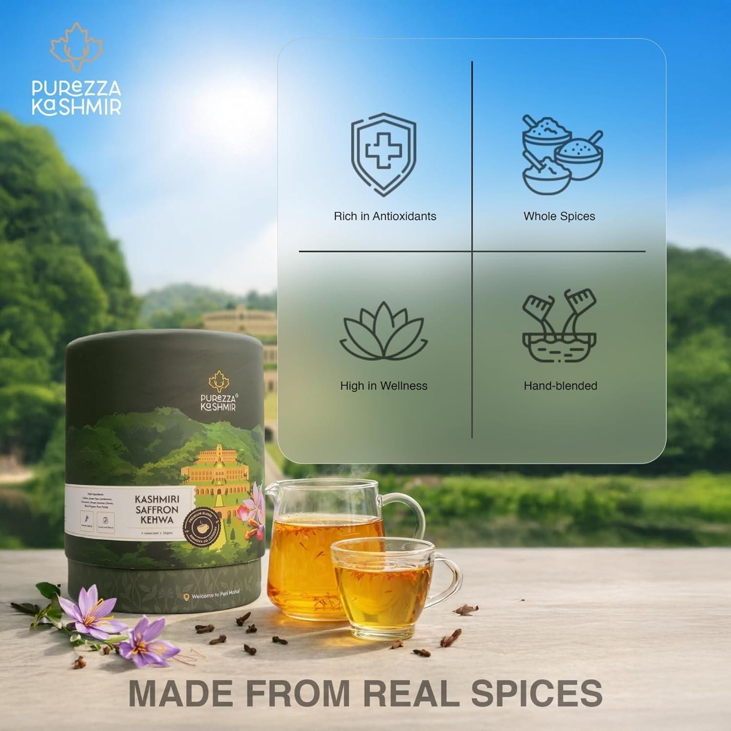 Purezza Kashmiri Saffron Kehwa Loose Leaf Tea 50g | Sugar Free Herbal Green Tea