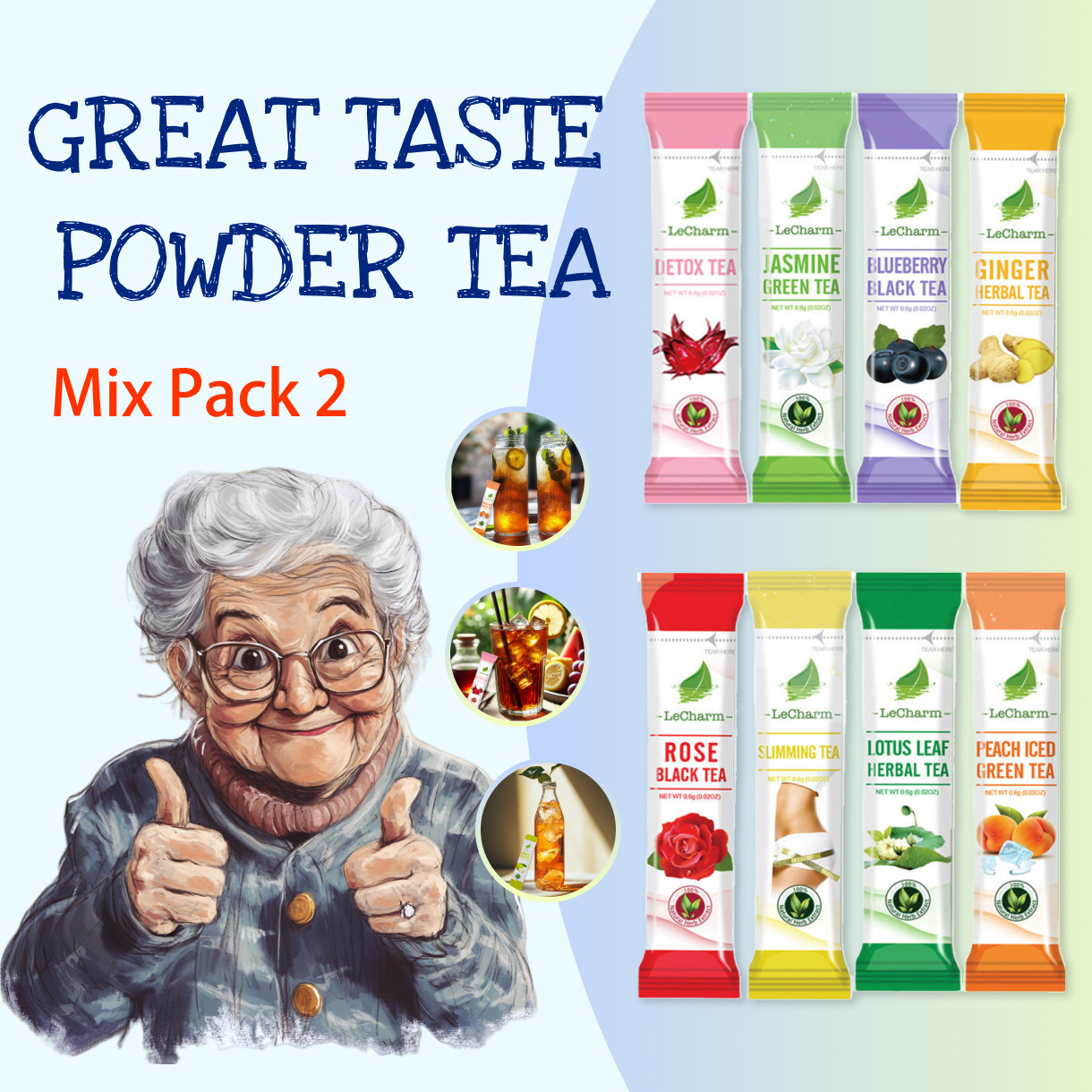 LeCharm 8-Flavor Herbal Tea Powder Mix – 100% Natural Black Green Fruit Blend
