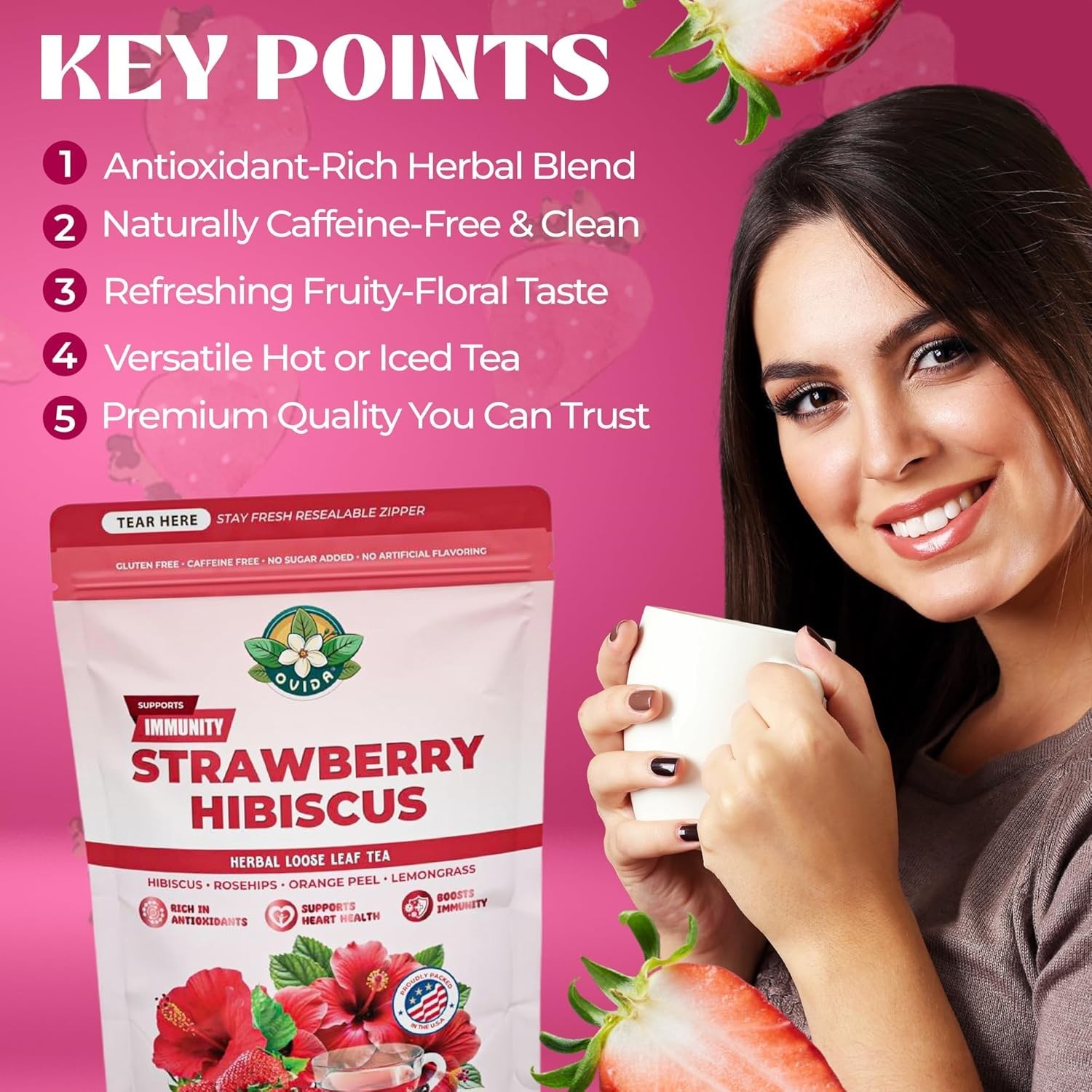 Strawberry Hibiscus Tea, Caffeine-Free Antioxidant Herbal Blend, Loose Leaf 3oz,