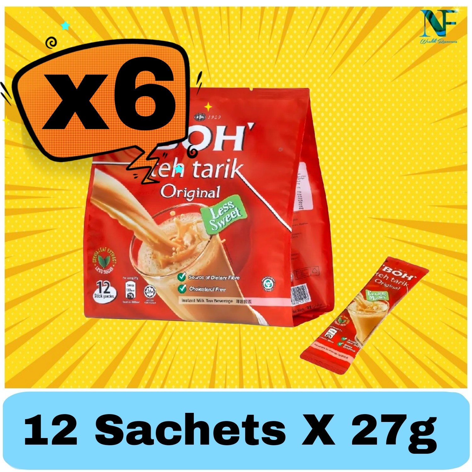6x BOH Teh Tarik Original Pulled Tea Less Sugar Instant Tea Mix 12 Stick (27g)