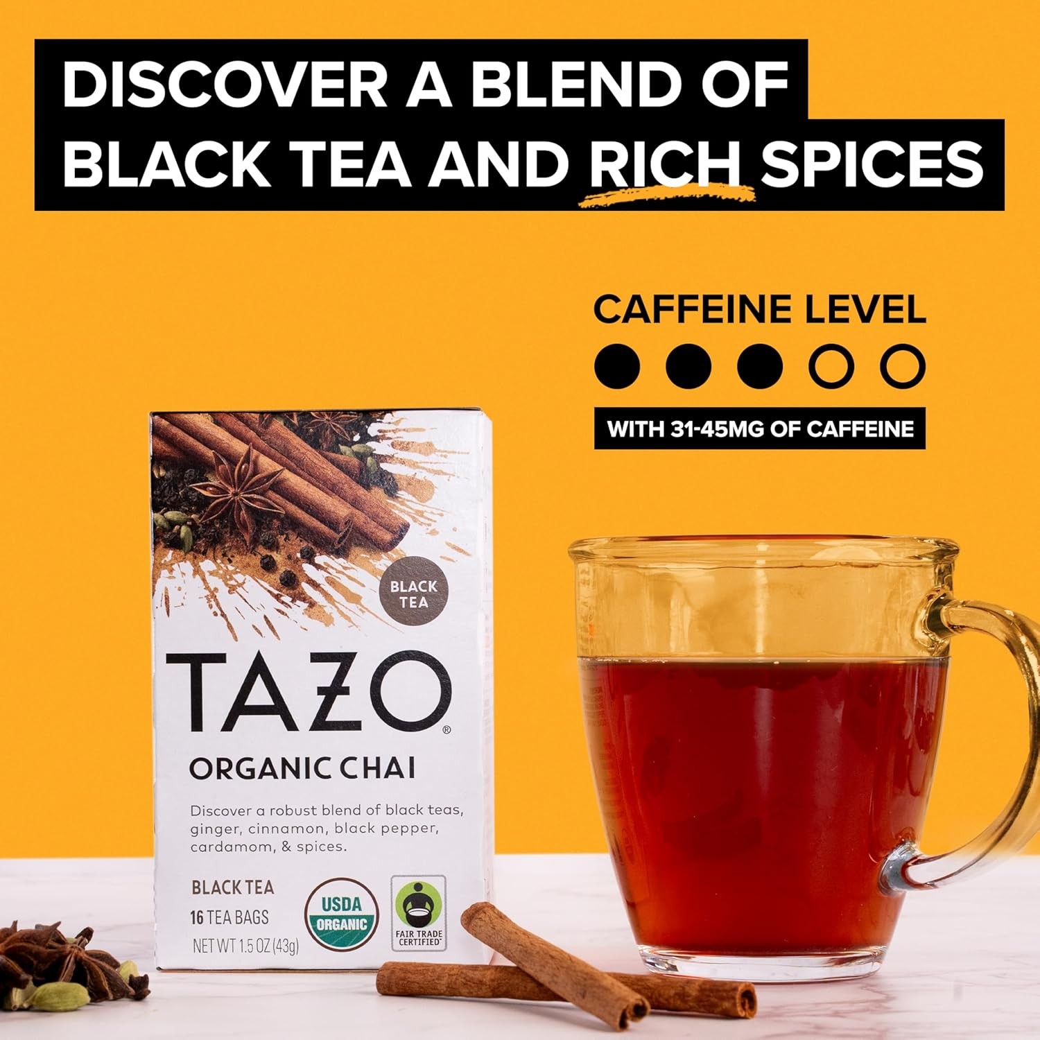 TAZO Organic Chai Black Tea Bags Blend of Ginger Cinnamon Pepper Cardamom 96Bags