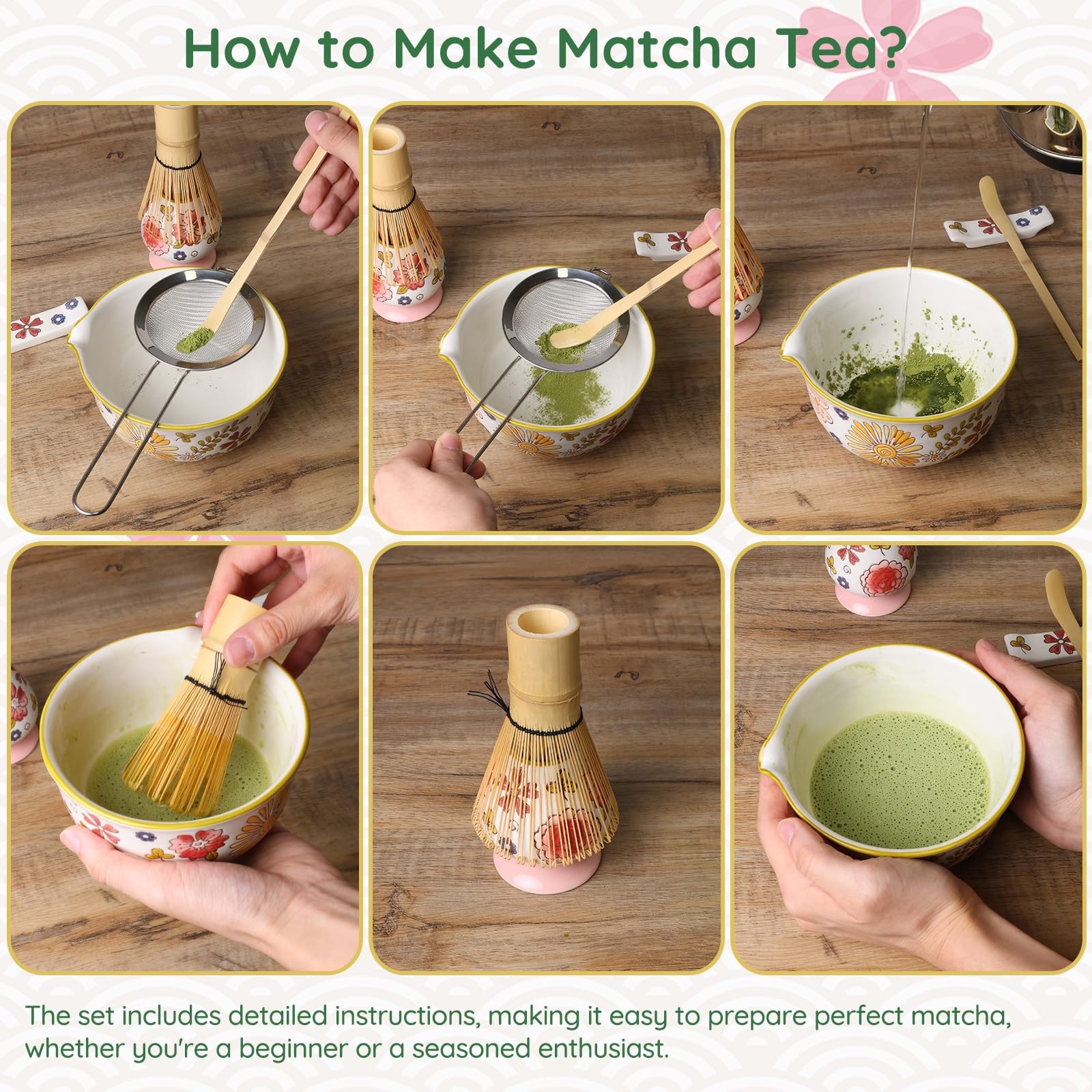 Hand-Painted Floral Matcha Ceremony Set 6 PCS Whisk Bowl Holder Scoop Rest