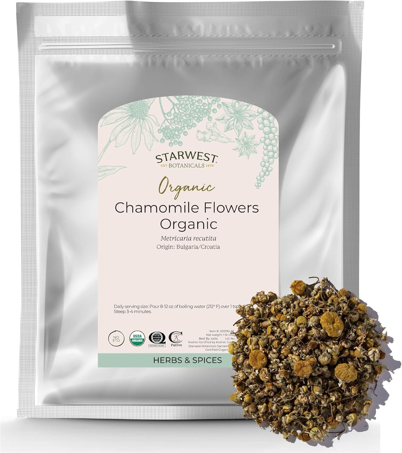 Starwest Botanicals Organic Chamomile Flowers Whole 1 lbs Bulk