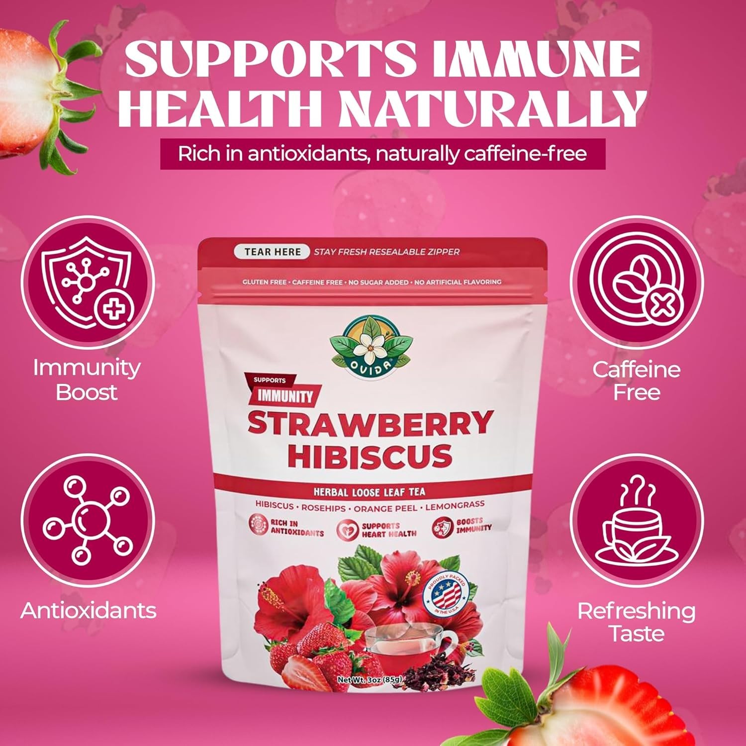Strawberry Hibiscus Tea, Caffeine-Free Antioxidant Herbal Blend, Loose Leaf 3oz,