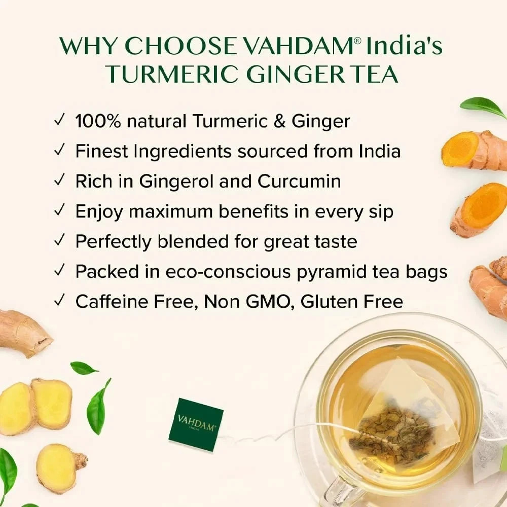 VAHDAM Organic Turmeric Ginger Tea 100 Bags Caffeine Free Non-GMO Herbal