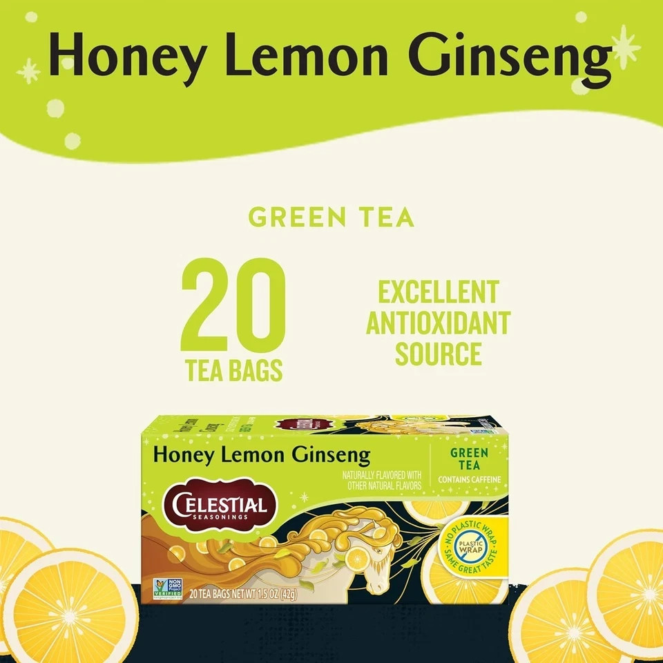 Celestial Seasonings Honey Lemon Ginseng Green Tea, Caffeinated, 20 Tea Bags Box
