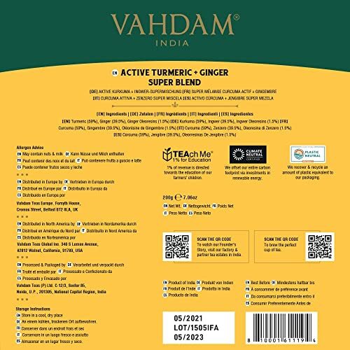 Vahdam Turmeric Ginger Herbal Tea 100 Count Caffeine Free Biodegradable Bags