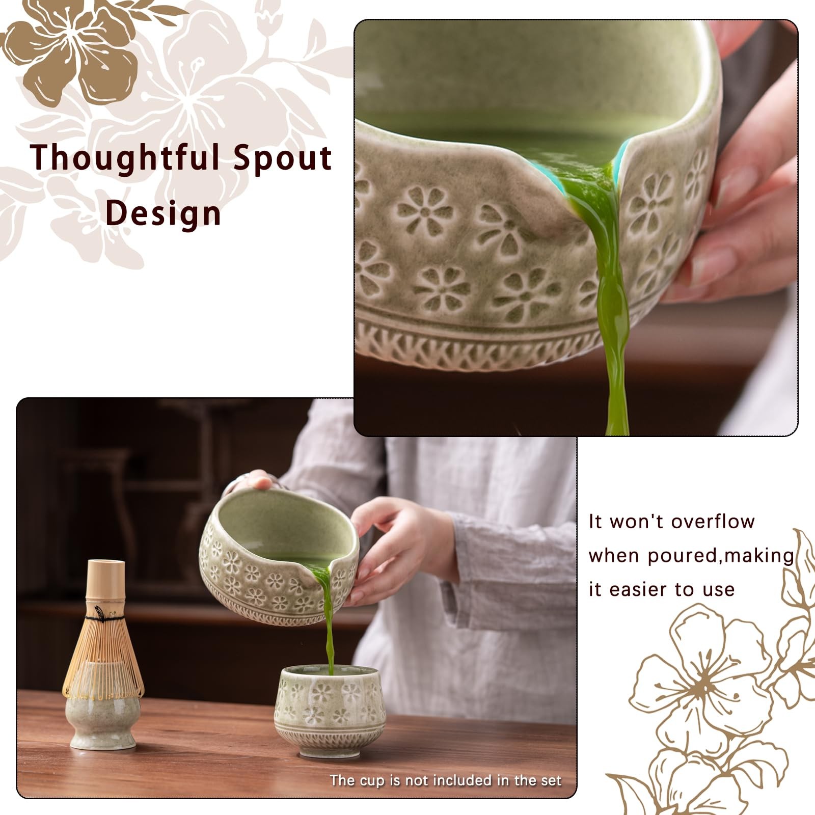Matcha Whisk Set 7 Pc Ceramic Bowl Kit w Bamboo Whisk Holder Scoop Green