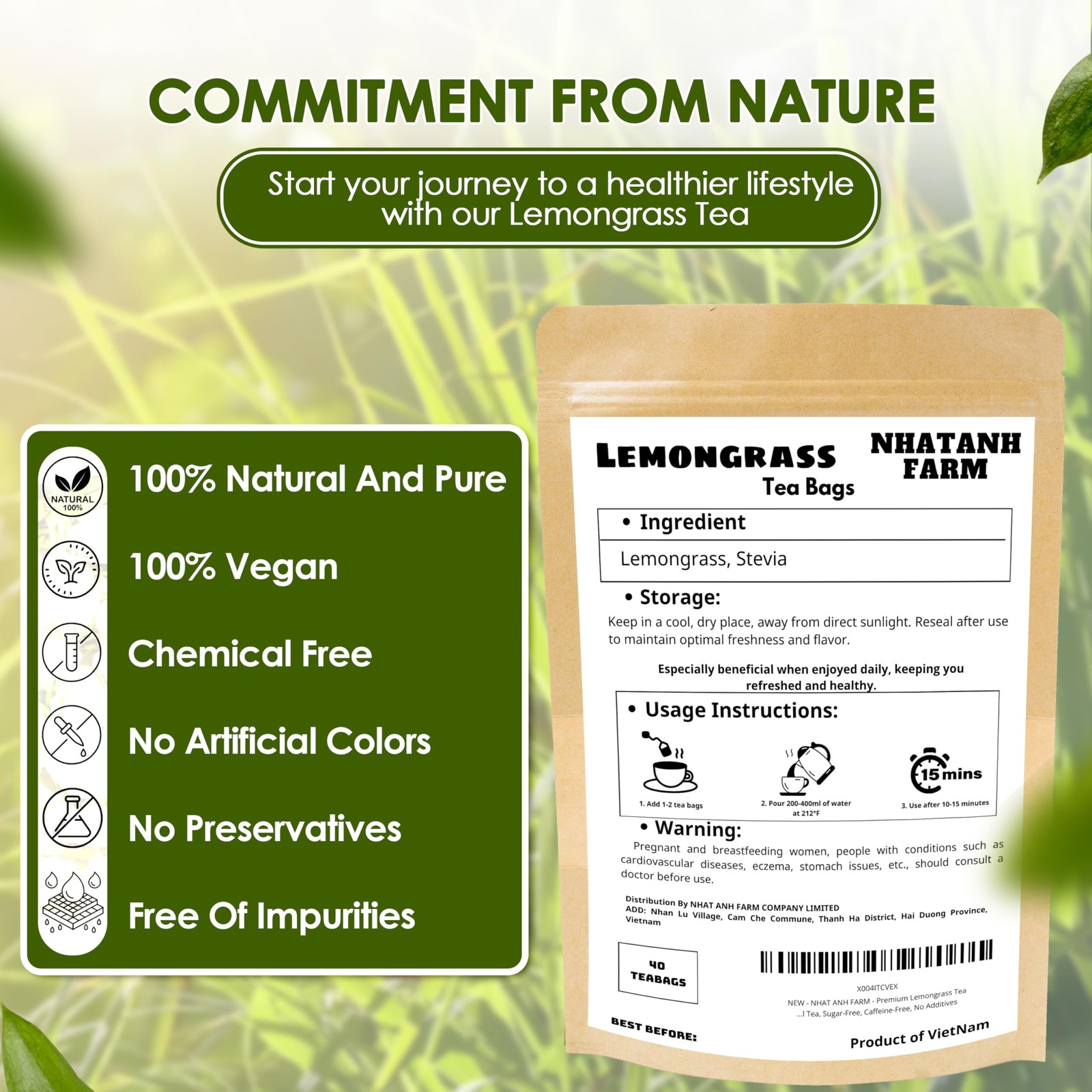 Lemongrass Tea Bags 40 Count 100% Natural Dried Herbal Sugar-Free