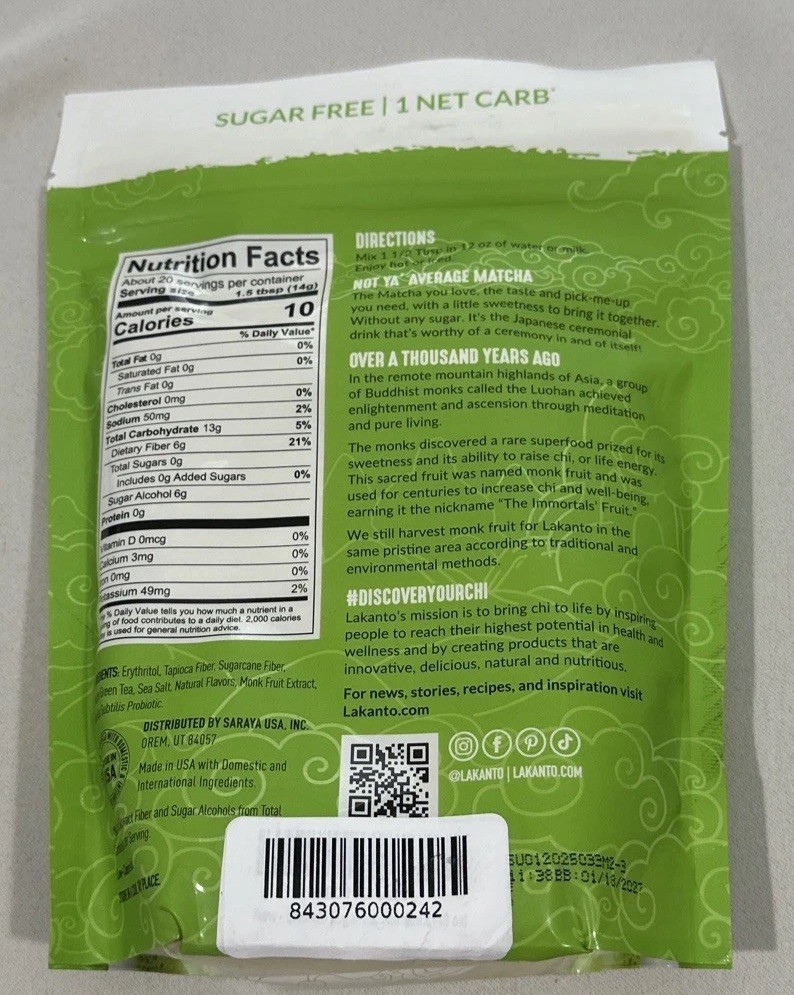 Lakanto Sugar Free Matcha Latte – Green Tea Powder w/ Shelf Stable Probiotics