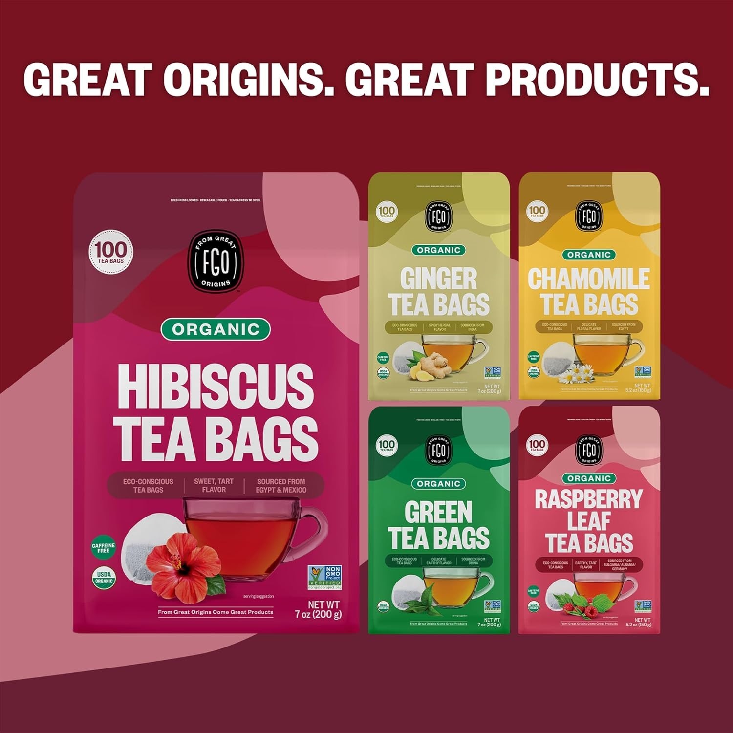 Organic Hibiscus Tea – 100 Count Caffeine-Free Eco-Friendly Tea Bags