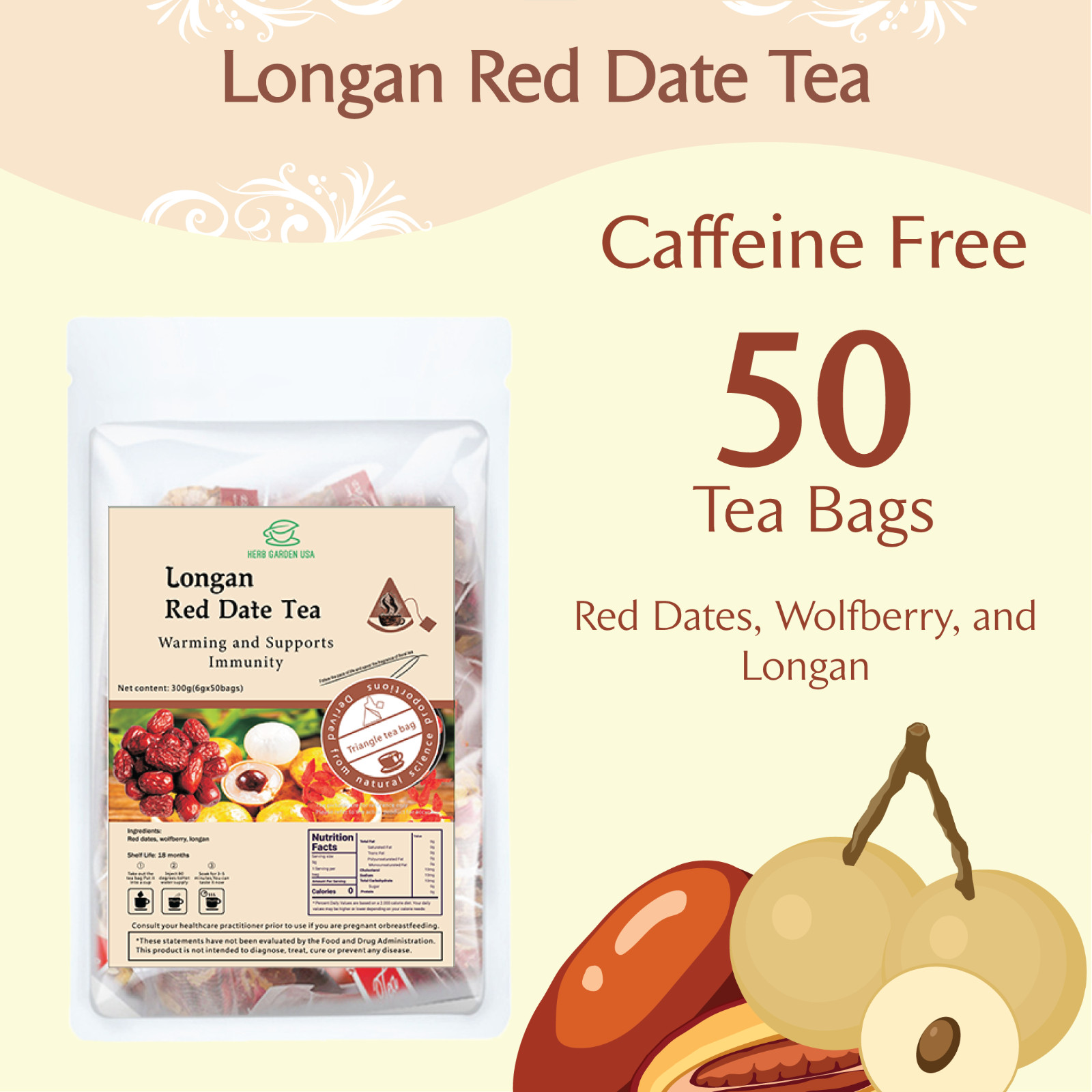 50 Packs Tea Bags – Red Date Kidney Health Herbal Tea Caffeine Free