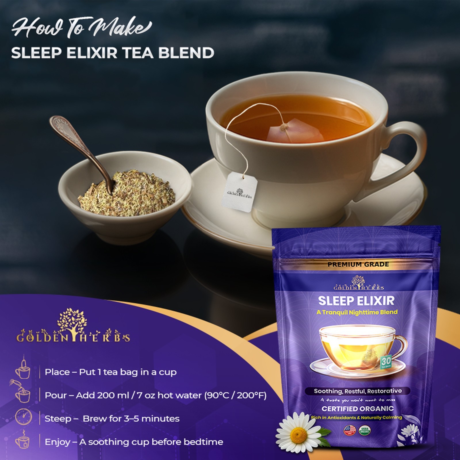 Golden Herbs Sleep Elixir Herbal Tea Relaxing Bedtime Blend with Chamomile