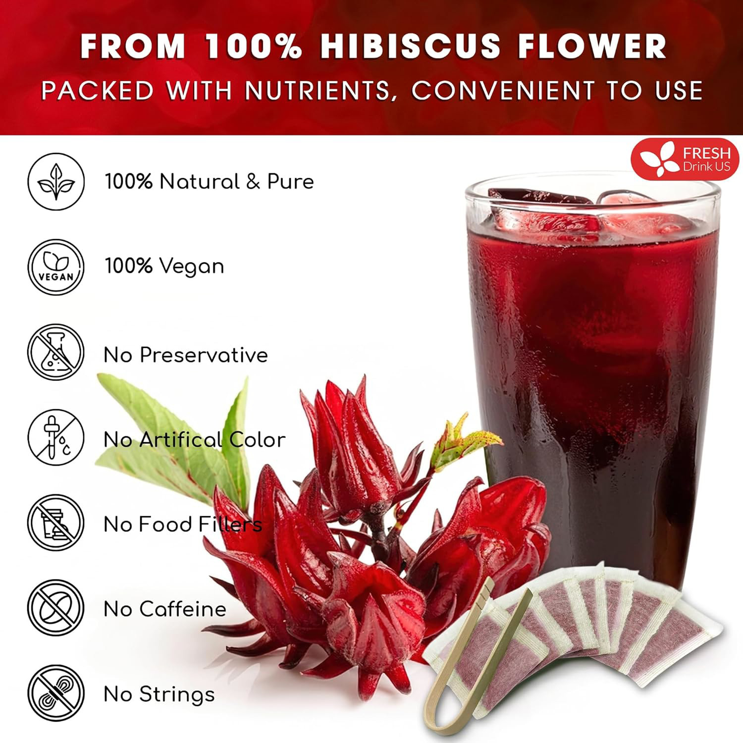 FreshDrinkUS, Premium 140 Hibiscus Flowers Tea Bags, 100% Natural, Pure from No