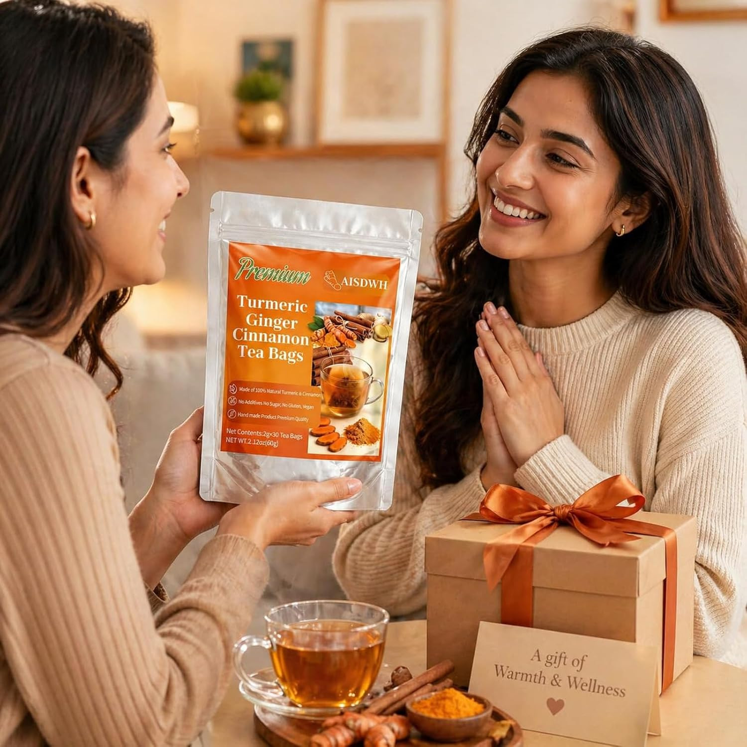30 Premium Turmeric Ginger Cinnamon Tea Bags, 100% Natural Ingredients Herbal Te