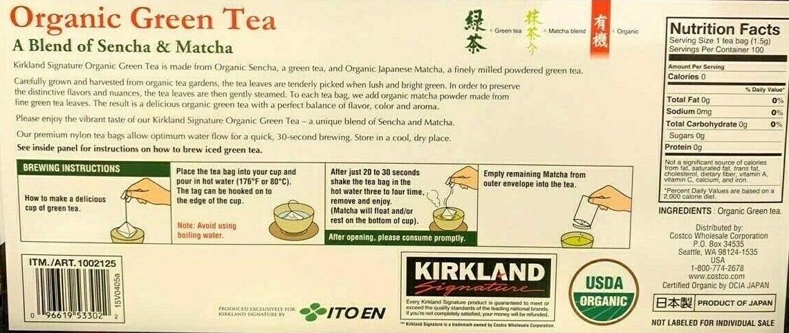 2 Packs Kirkland Signature ORGANIC Japanese Green Tea 100 Bags Each, Total 200ct