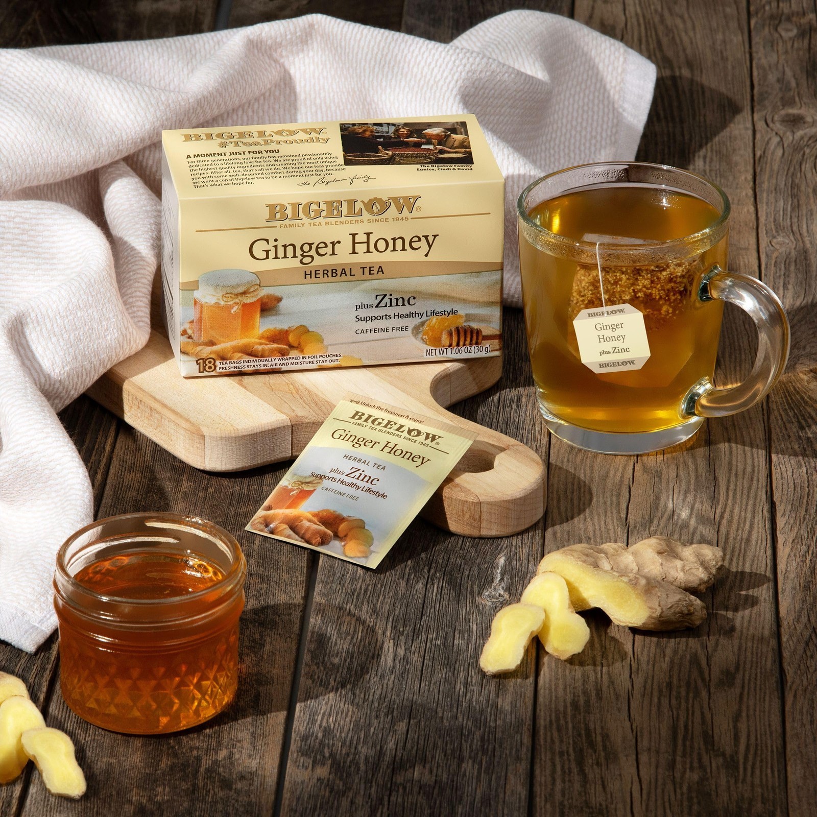 Bigelow Ginger Honey Plus Zinc Herbal Tea Caffeine Free Pack Of 6, 18 Count