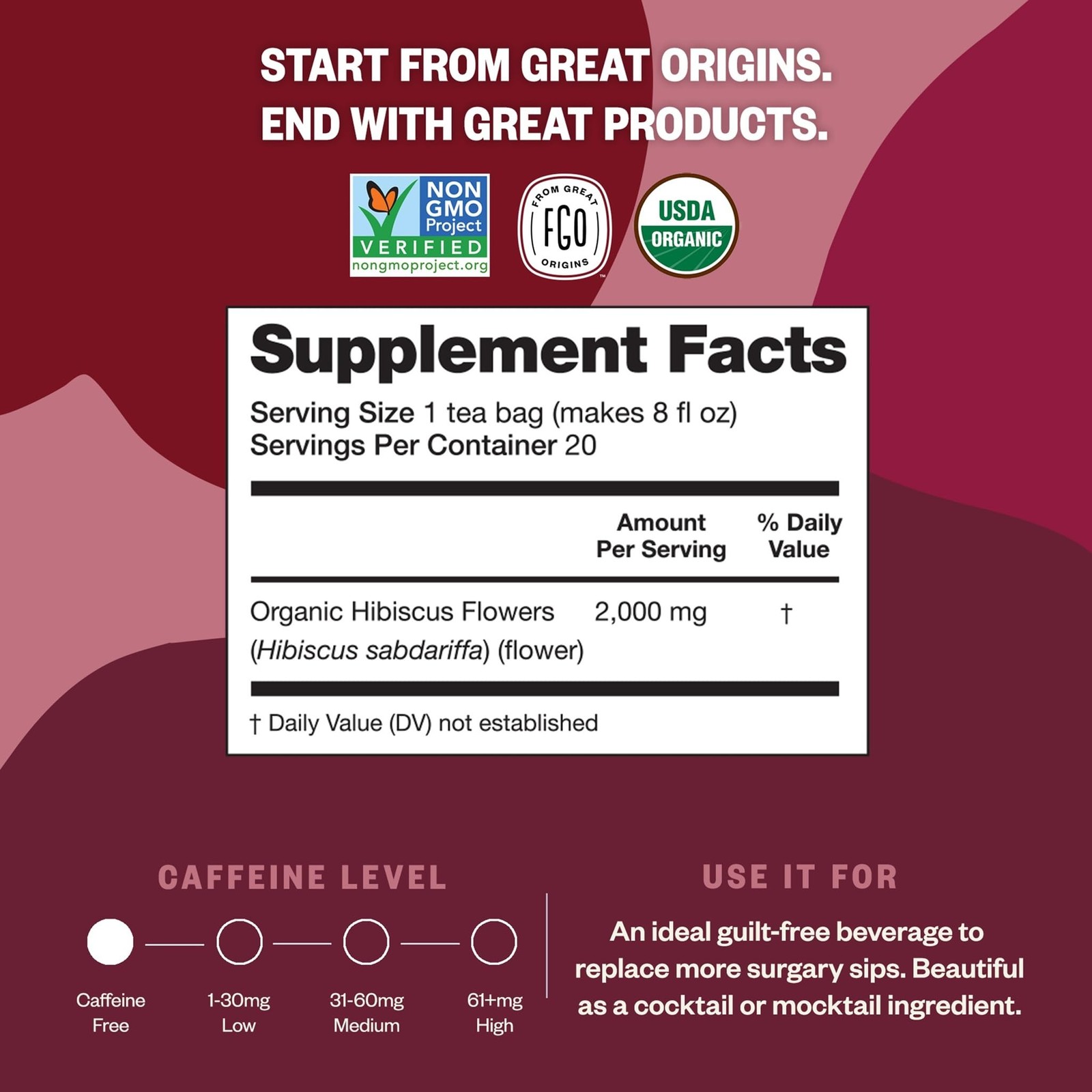 FGO Organic Hibiscus Tea, 100 Count, Eco-Conscious Tea 100 Count (Pack of 1)