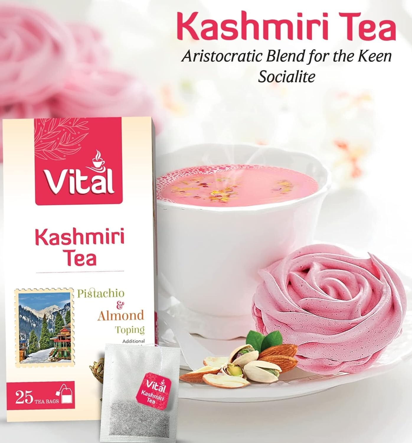 Kashmiri Tea Bags Vital with Pistachio & Almond Toping Pack Inside (25 Tea Bags)