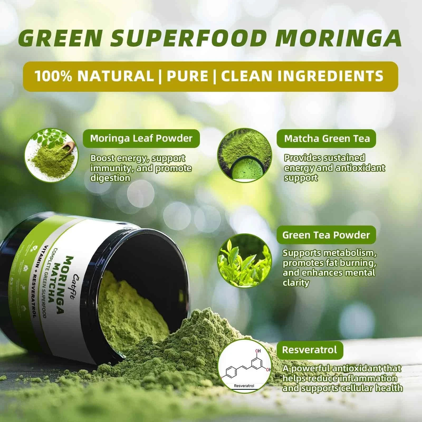 Catfit Matcha Powder with Moringa Green Tea and Resveratrol 4-in-1 Superfood …