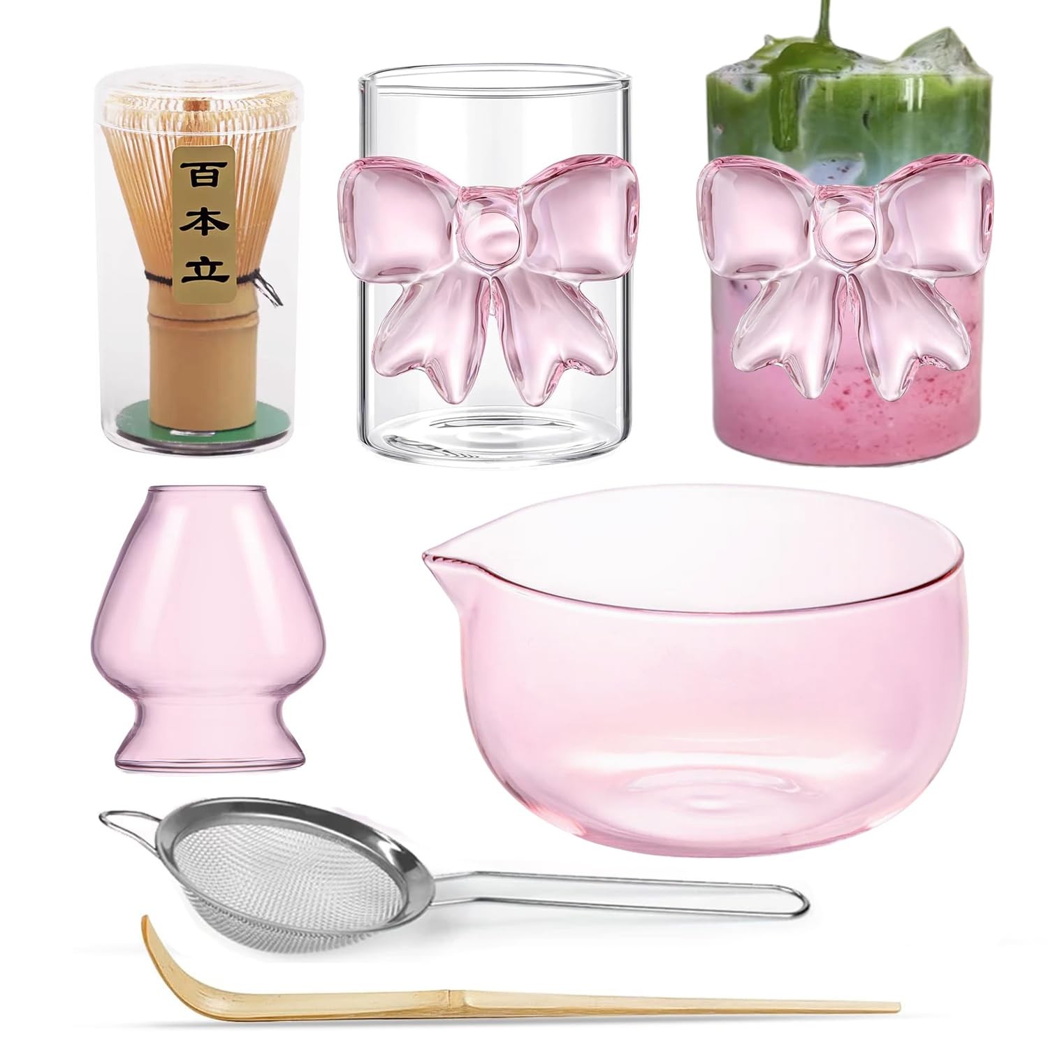 Pink Matcha Set Whisk, matcha Bowl with Spout,Glass Bow Matcha Cup for Iced C…
