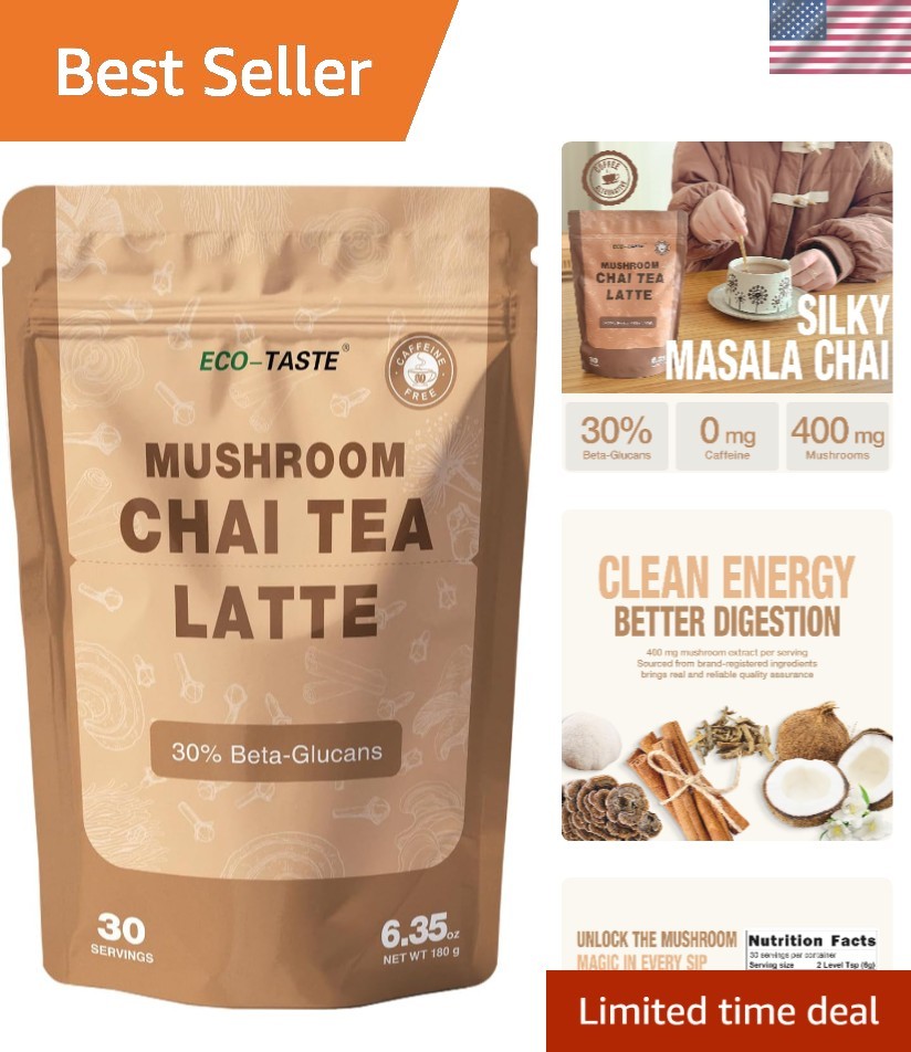 Chai Tea Latte with Mushrooms – 30 Servings, 30% Beta-Glucans – Lion’s Mane, …