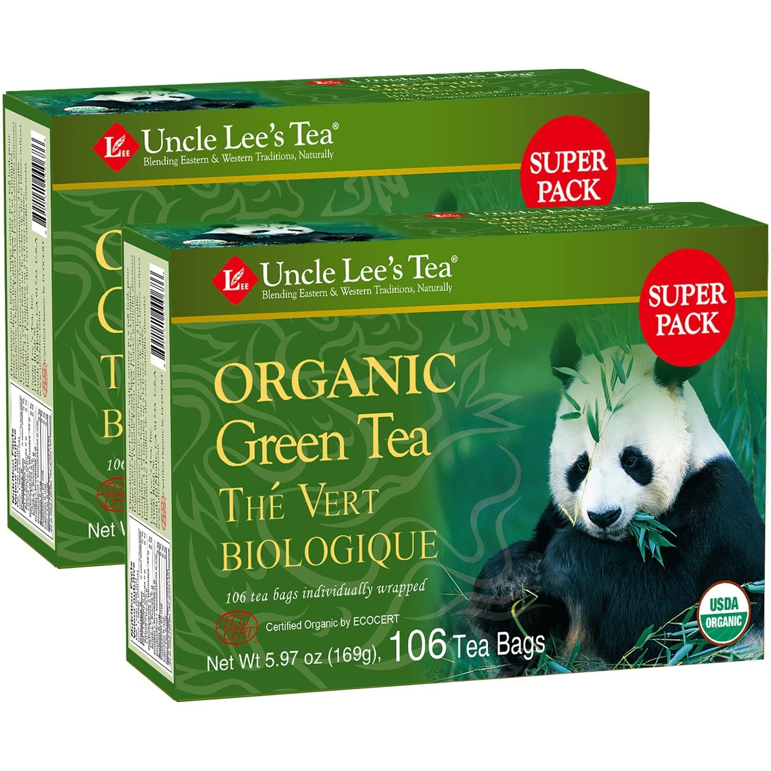 Organic Green Tea Bags 2-Pack, 106-Count – Refreshing, Lightly Caffeinated Bulk