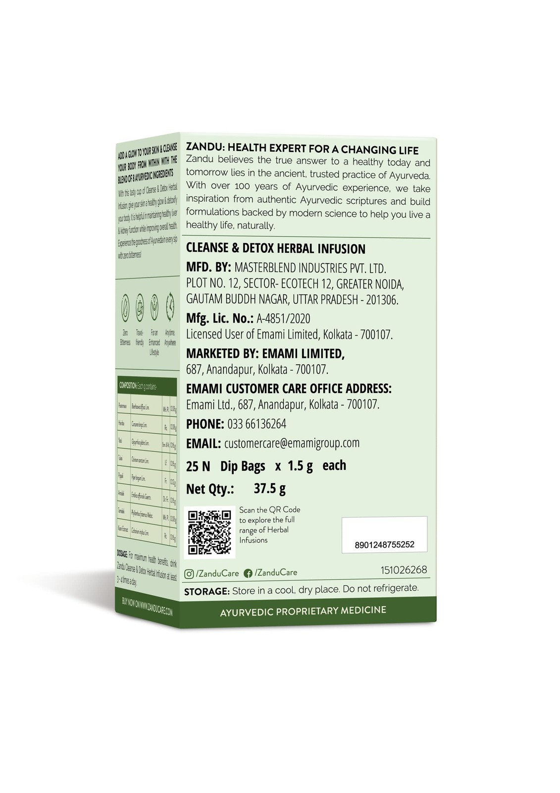 Zandu Cleanse Detox Herbal Green Tea 25 Bags | Skin Glow & Body Detox, 90g