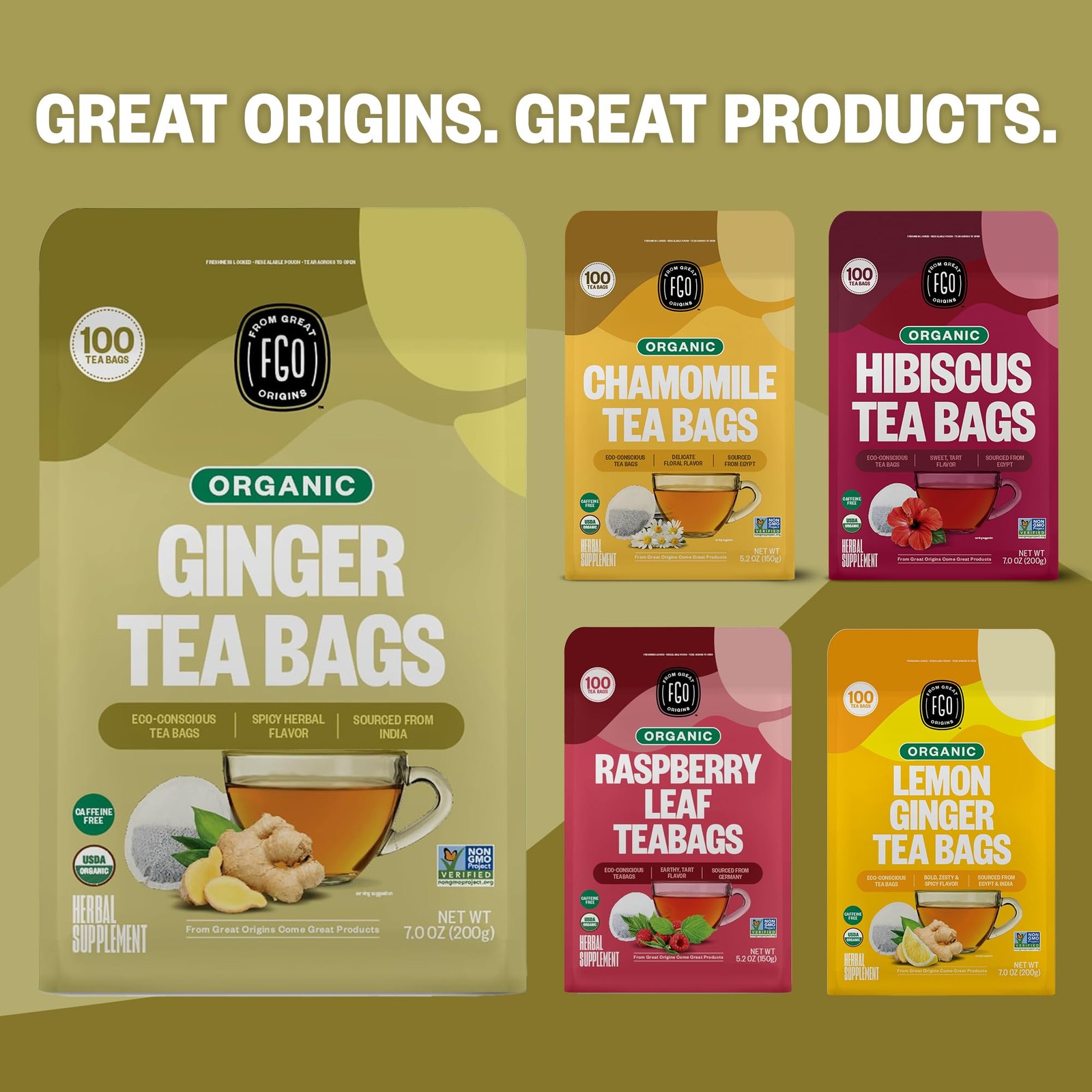 FGO Organic Ginger Tea, Eco-Conscious Tea Bags, 100 Count