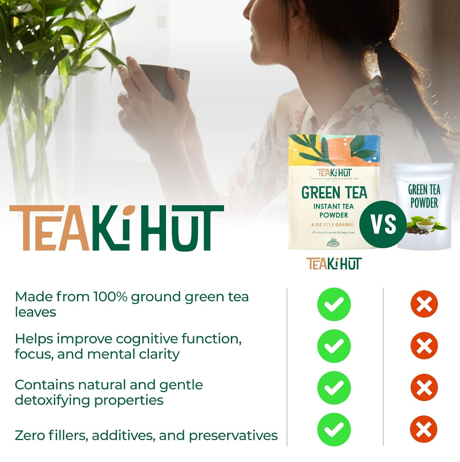 Instant Green Tea Powder, Refreshing Unsweetened Drink Mix, Premium Green Tea In