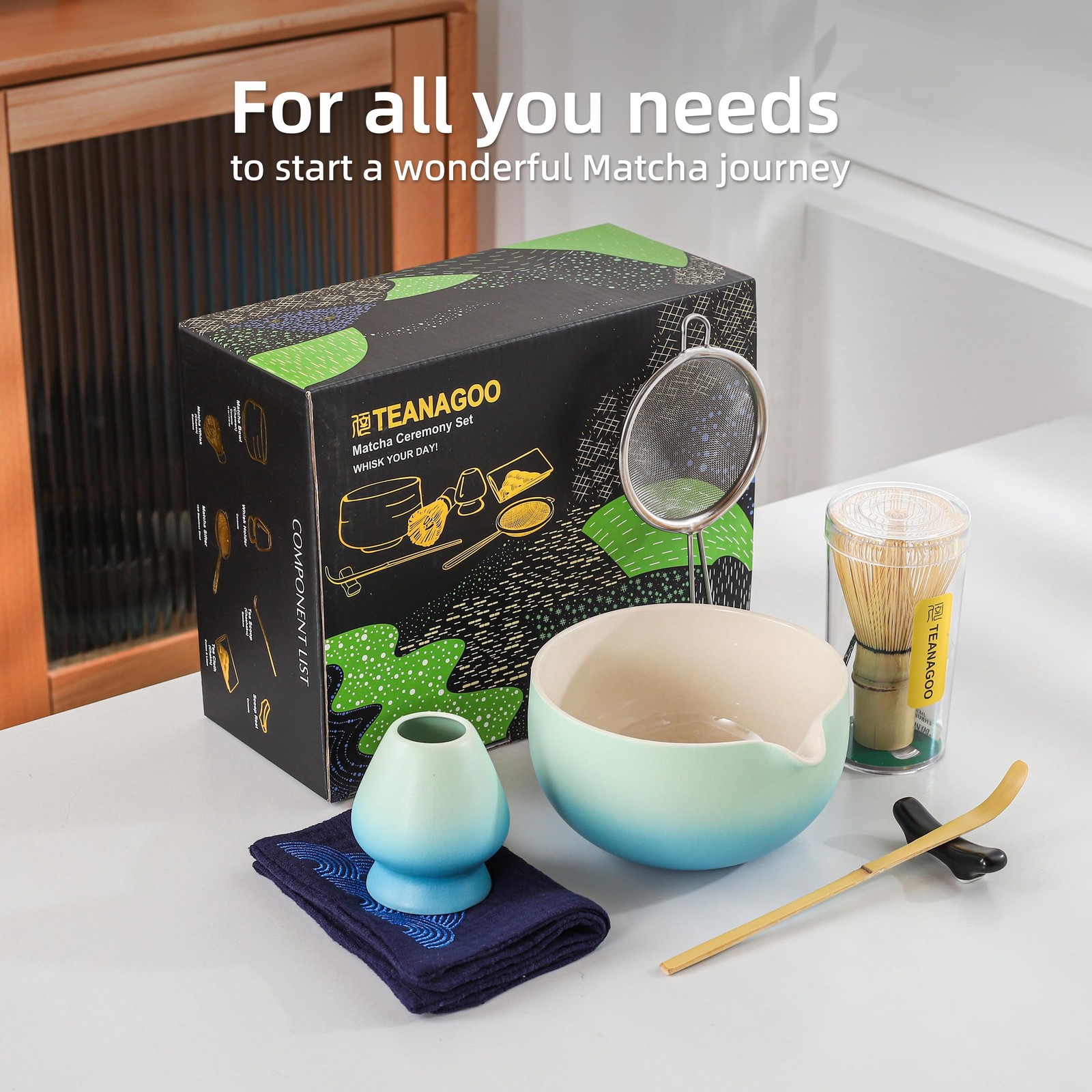 TEANAGOO Matcha Whisk Set Blue,Ceremony Matcha Set,Matcha Kit Grident Blue,Ma…