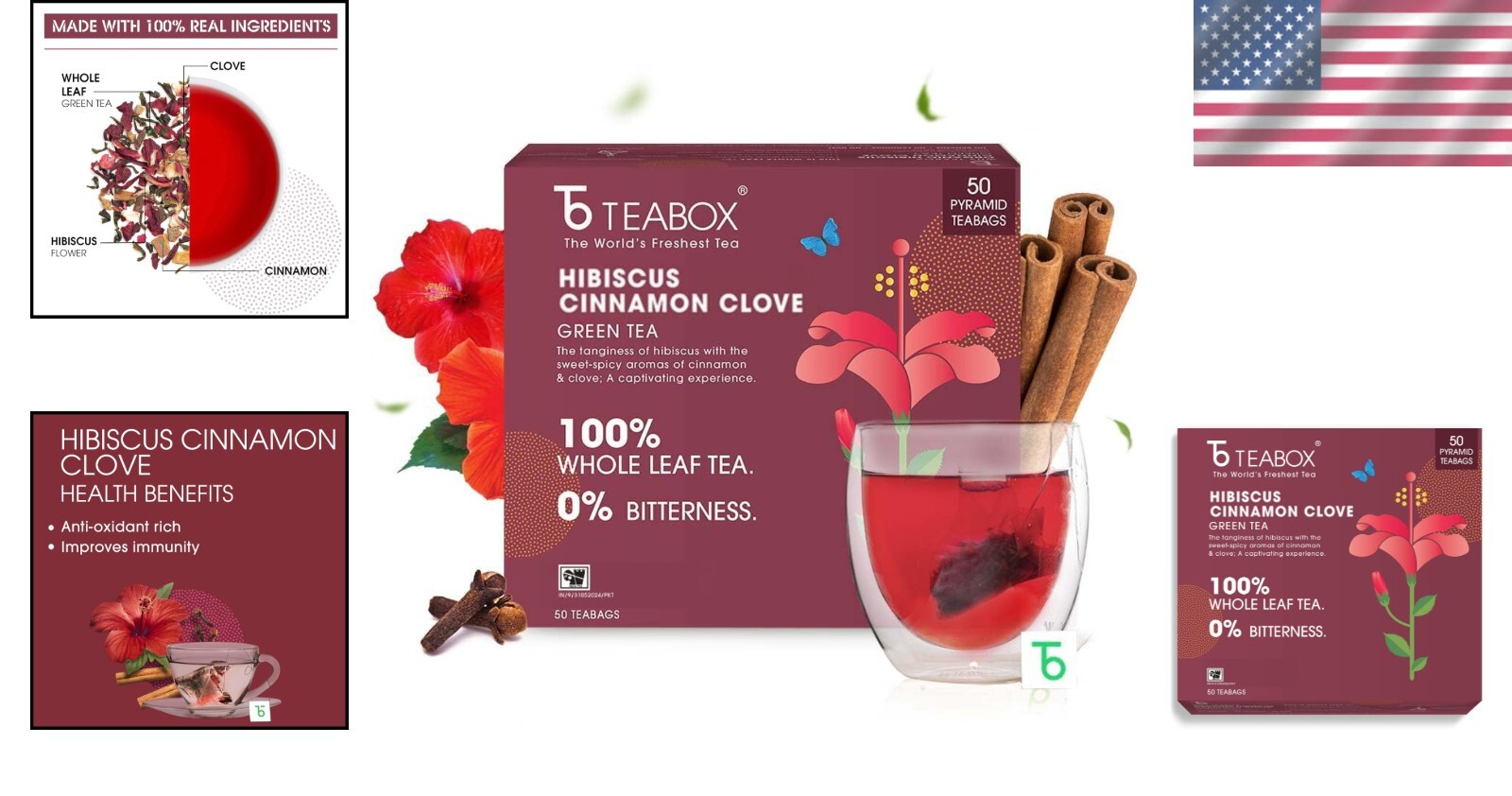 100% Organic Hibiscus Cinnamon Clove Green Tea Bags – 100 pcs of Pure Luxury