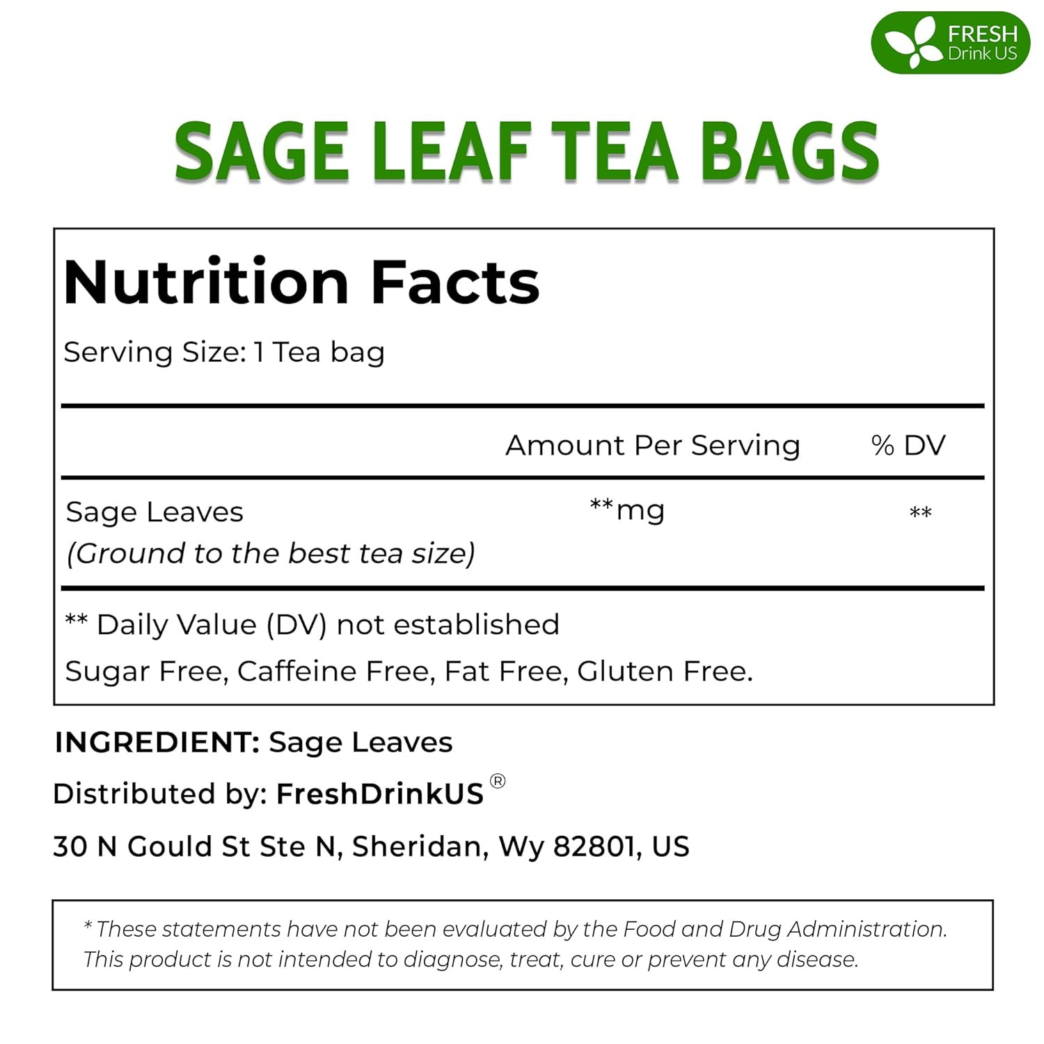 , Premium 75 Sage Leaf Tea Bags, 100% Natural & Pure from Sage Leaves. Loose Lea