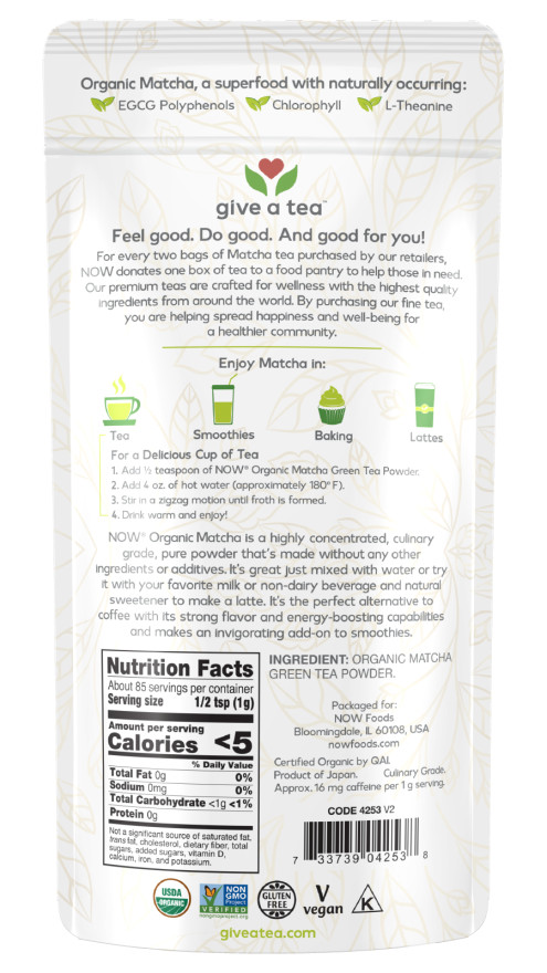 NOW Foods Give A Tea Certified Organic Matcha Green Tea Powder NET WT 3 OZ (85g)