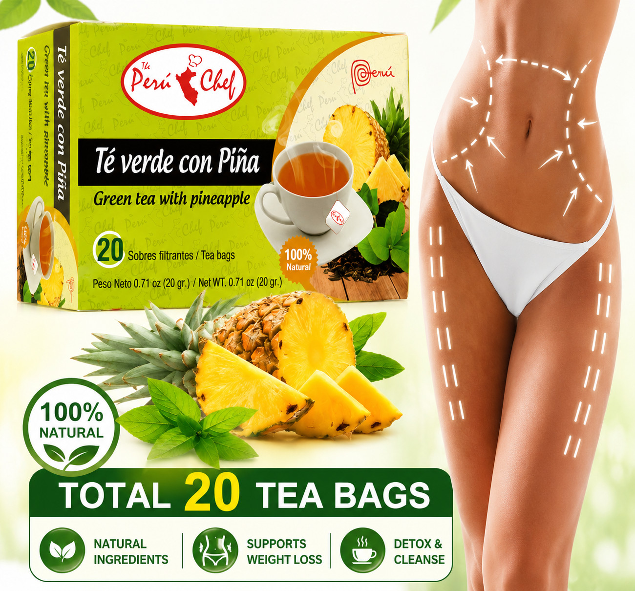 Pineapple Green Tea 20 Boxes Pack | 400 Total Tea Bags | Natural Green Tea with