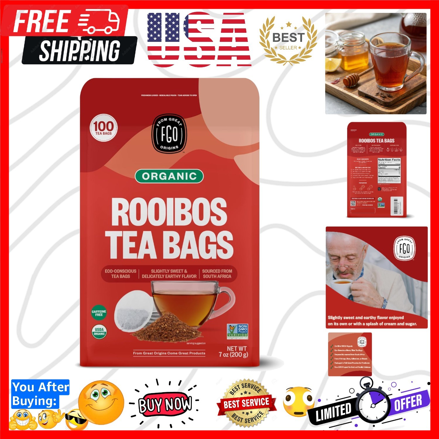 Organic Rooibos Tea, 100 Count, Eco-Conscious Tea Bags, Caffeine Free, Packag…