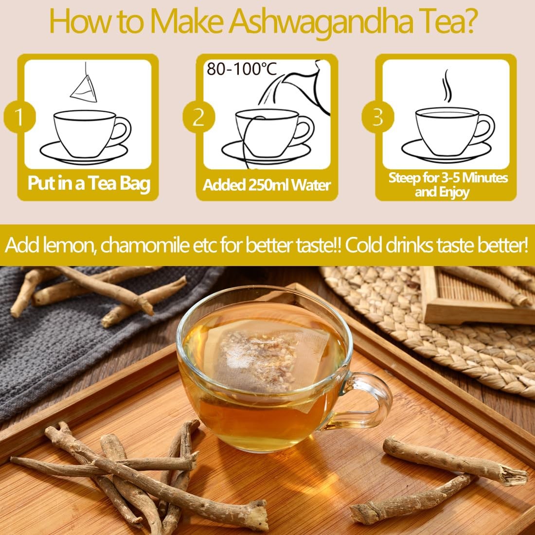 Premium 40 Ashwagandha Tea Bags, Made with 100% Wild Ashwagandha Root, No Additi