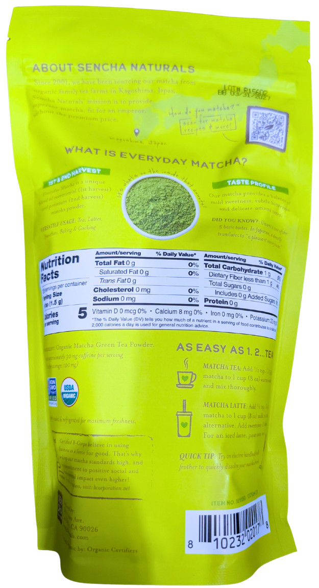 Sencha Naturals 100% Organic Matcha Green Tea Powder 12 Ounce Bag EXP 03/2027