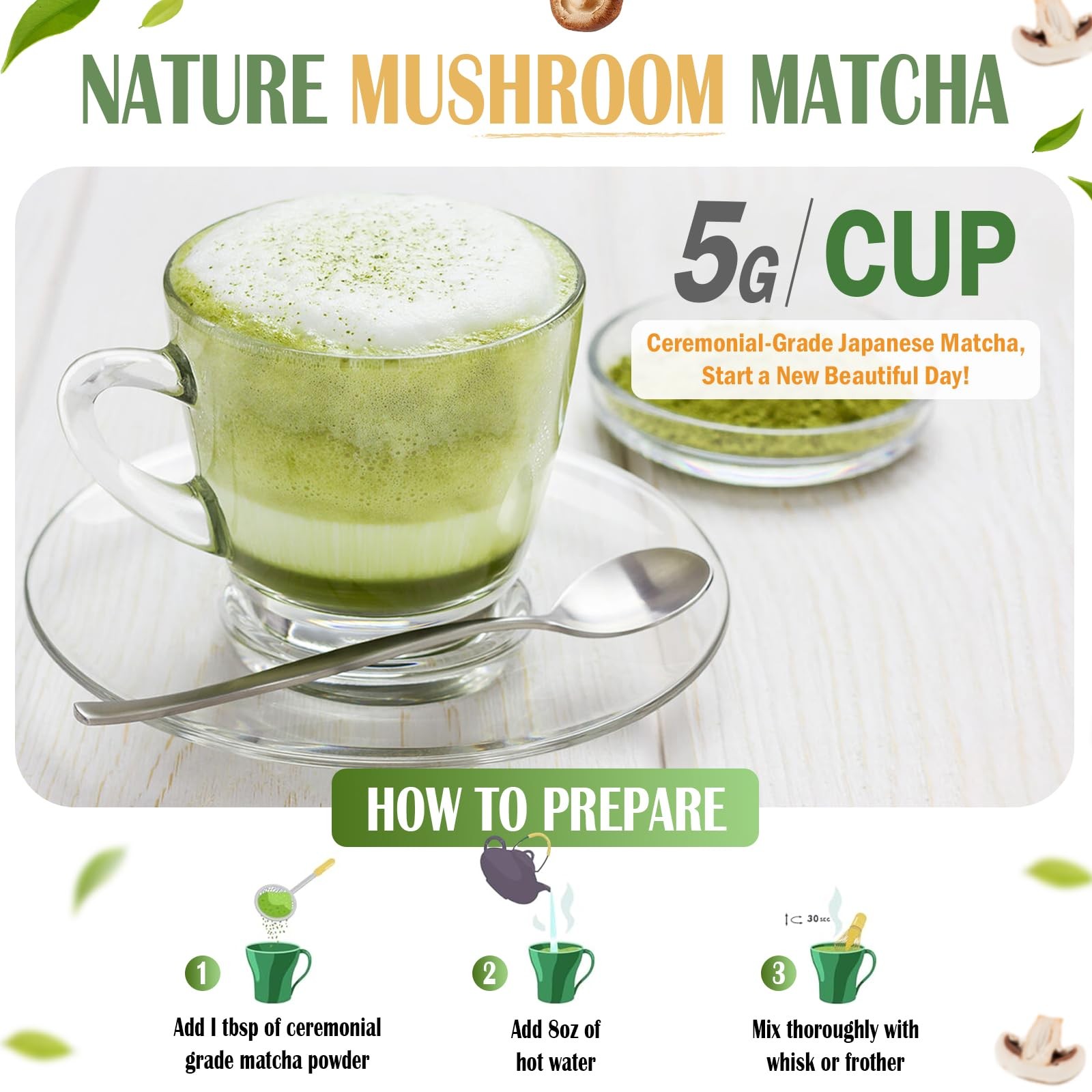 Mushroom Matcha Powder, Japanese Ceremonial Matcha Infused With 7 Superfood M…