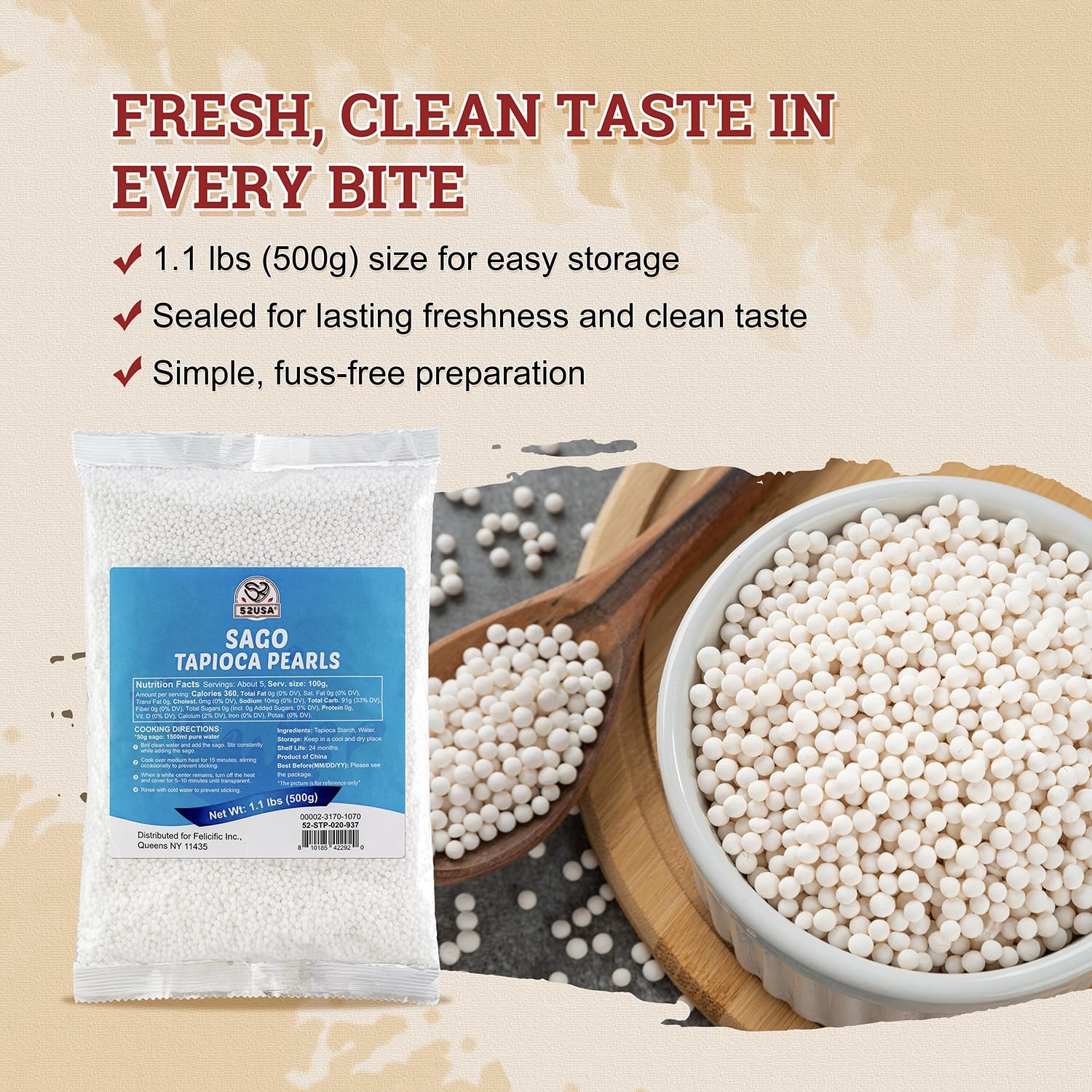 52USA Sago Pearls, Small Tapioca Pearls 1.1 lbs 500g, White Sago for Desserts…