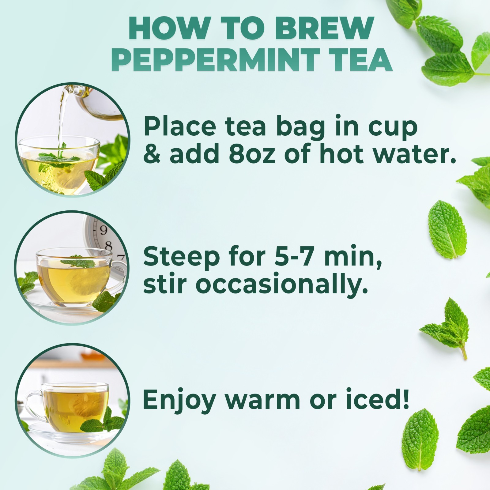 Pure Peppermint Tea – no stems, 100% Natural Herbal Tea, 60 bags, USA seller