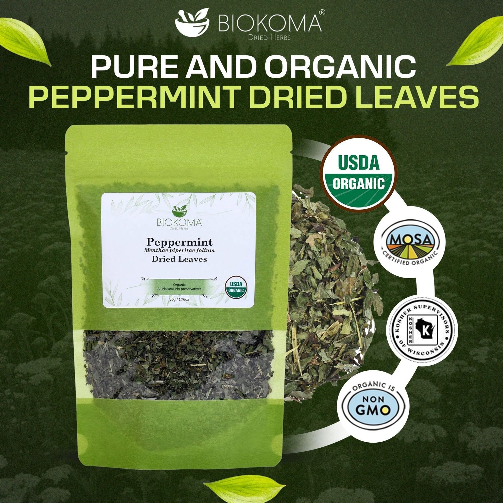 Organic Peppermint Dried Leaves 50g (1.76oz) Caffeine-Free Refreshing Soothin…