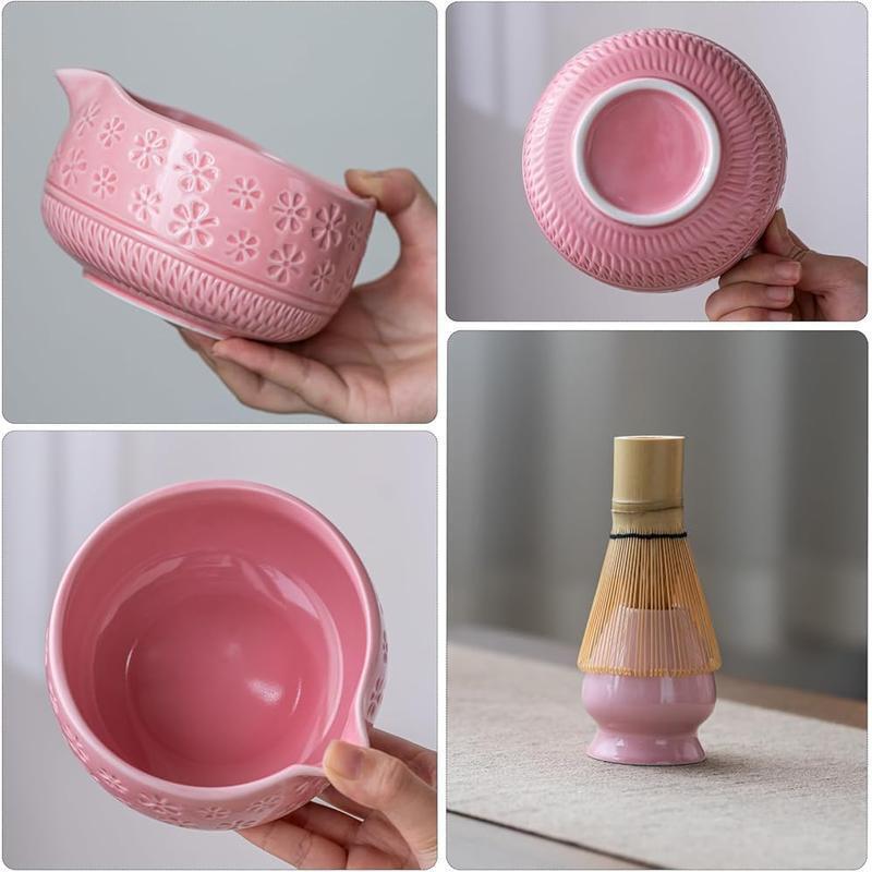 7 Pcs Matcha Set W/ Bowl Sifter Bamboo Scoop Holder Tea Towel Whisk Pink New