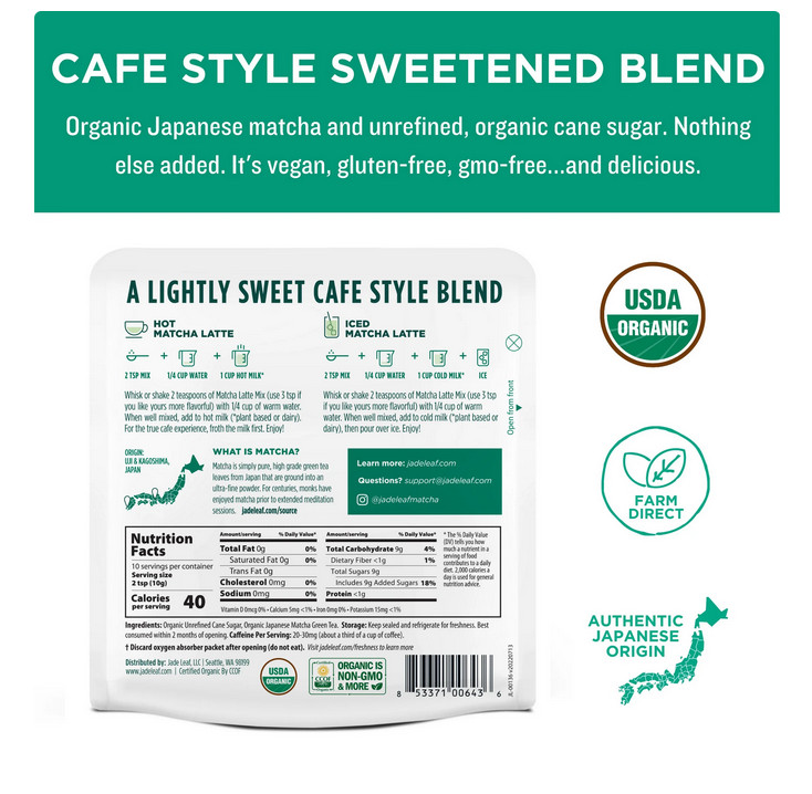 Jade Leaf Matcha, Organic Japanese Matcha Latte Mix, Powdered Tea, 3.5 Oz