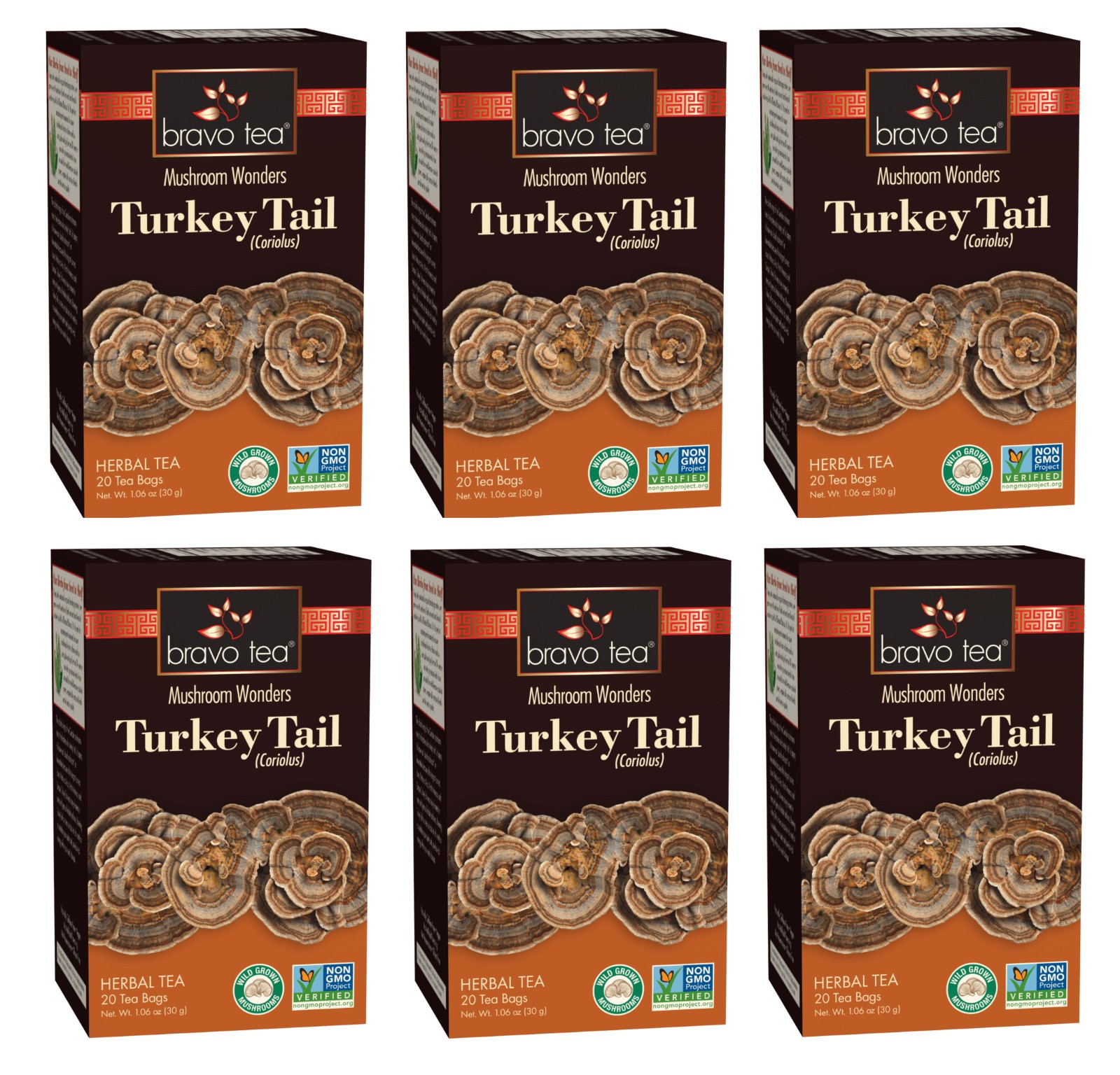 6 PACK Bravo Herbal Tea Mushroom Wonders Turkey Tail Coriolus IMMUNE NO GMO