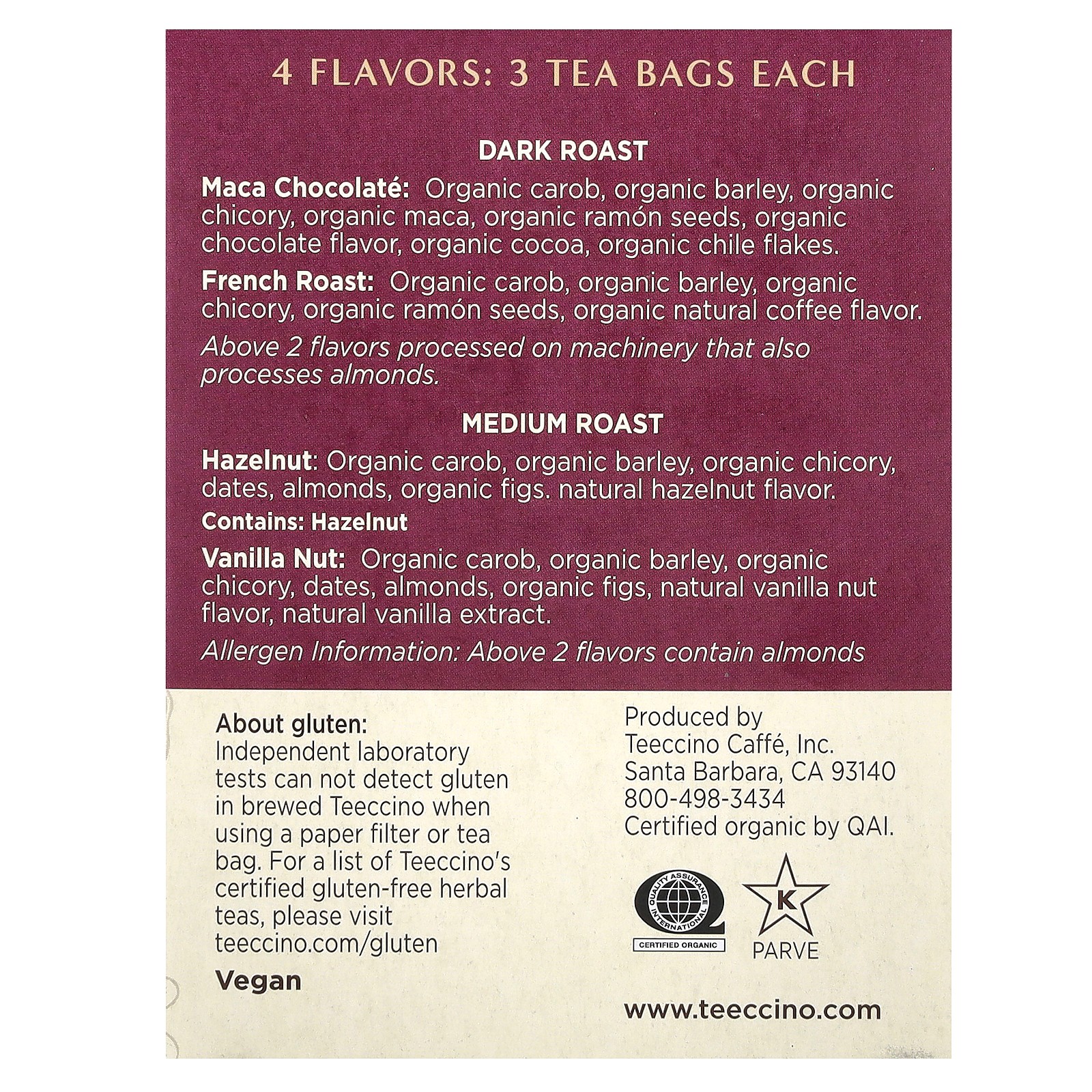 Roasted Herbal Tea Sampler, 4 Flavors, Caffeine Free, 12 Tea Bags, 2.54 oz (72