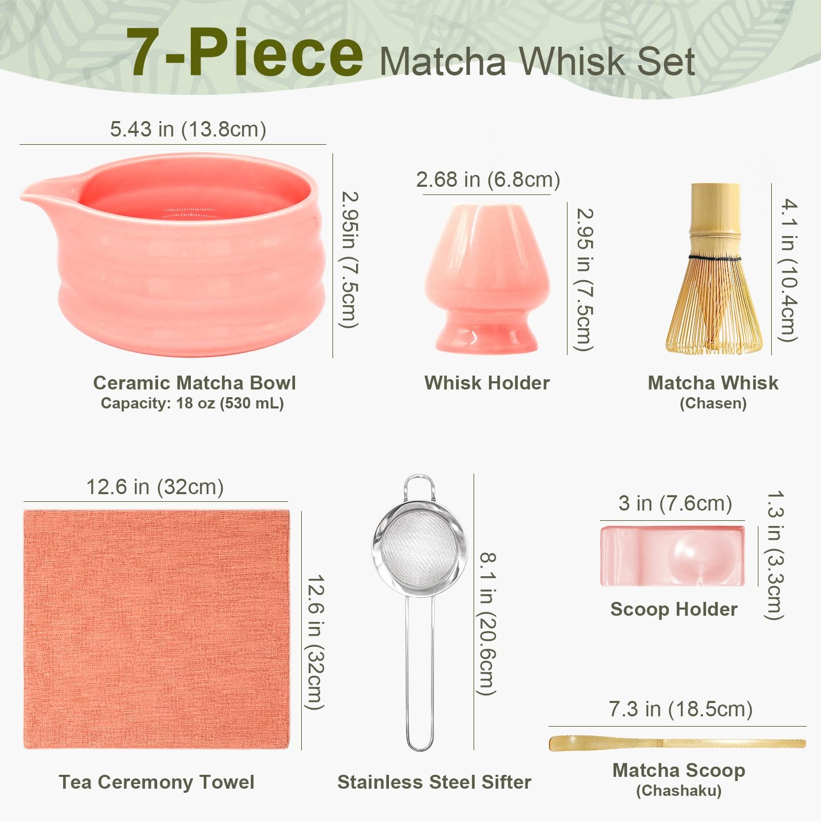 Matcha Set 7Pcs with 18oz Pink Glaze Bowl, Bamboo Whisk & Sifter – Elegant Tea