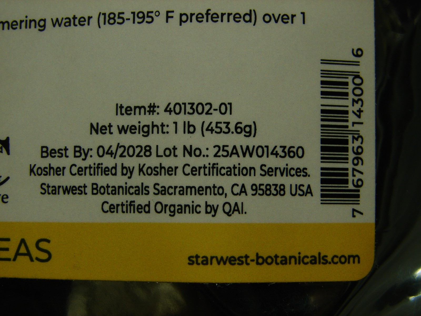 NEW 1 Pound Starwest Botanicals Organic Assam Tea B.O.P. Kosher Best By 04-2028